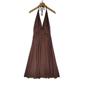 Max & Cleo VTG Brown Jersey Halter Dress Embellished Beaded V-Neck Size Small